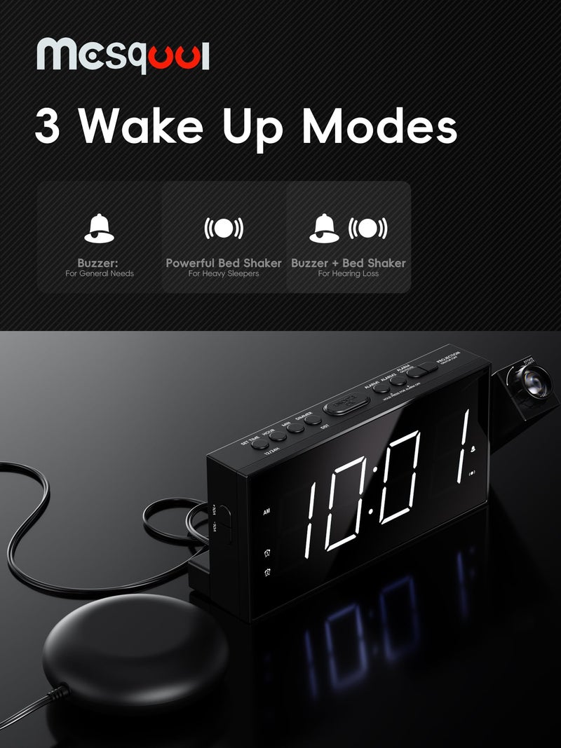 Mesqool Projection Digital Alarm Clock with Bed Shaker for Bedroom, Extra Loud Alarm Clock for Heavy Sleeper, 180Â° Rotable Ceiling Projector Clock,2 Alarm,5 Dimmer Volume,USB Charger, Battery Backup,12/24Hâ€¦ - Image 5